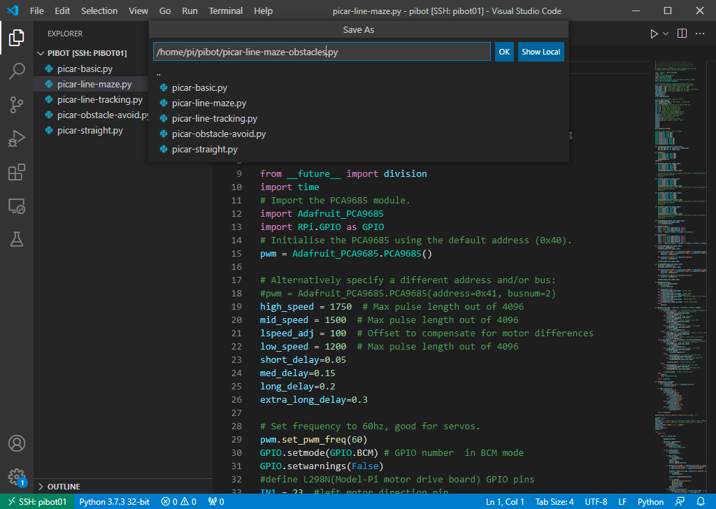 VSCode picar-line-maze-obstacles.py